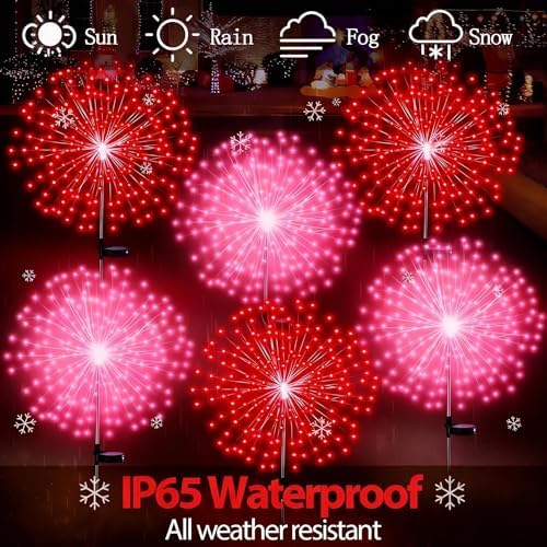 Tujoe 4 Pack Valentines Day Solar Firework Lights 180 LED 8 Lighting Modes Waterproof Solar Lamps Decorative Garden Stake Lights for Valentines Wedding Party Pathway Patio Decor