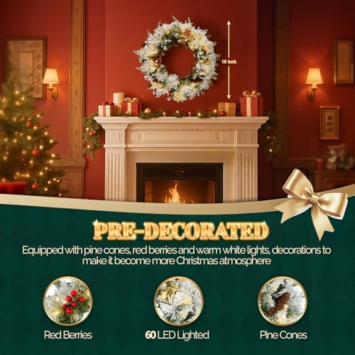 VINGLI 18" Flocked Christmas Wreath 2 Pack with Battery LED Lights