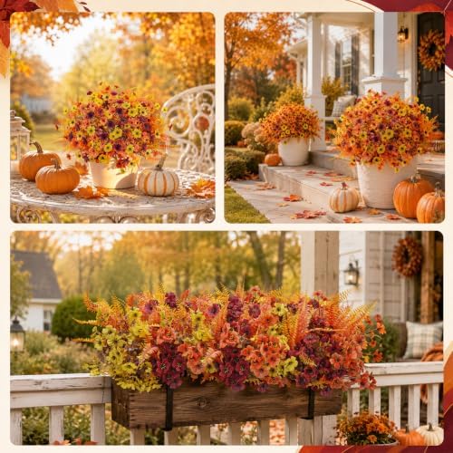Der Rose 24Pcs Artificial Fall Flowers for Outdoors, Fake Mums and Ferns