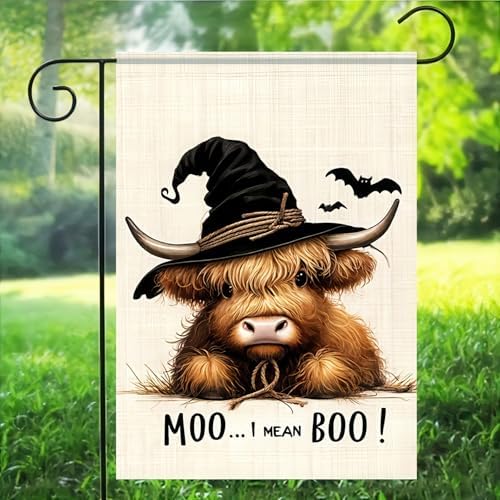 BlissYard Halloween Garden Flag Witch Highland Cow 12 x 18 Inch