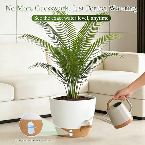Plant Pots, 1 Pack 12 Inch Self Watering Pots with Drainage Holes, Water Level Indicator Deep Reservoir, Large Planters for Indoor Outdoor Plants - White Brown