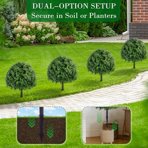 24.8 Inch Artificial Boxwood Trees, 2 Sets Faux Boxwood Topiary with Spikes, Pot Filler Fake Shrubs Plants for Outdoor PlantersFront Porch Decor Round Topiary Bush Balls Home Garden Spring