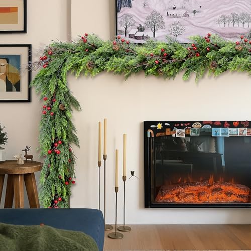 ENVEN Faux Cedar Christmas Garland with Red Berries & Pine Cones – Full Faux Winter Greenery for Holiday Mantel, Staircase, Doorway, Indoor Outdoor Christmas Décor (6FT-Lush Cedar)