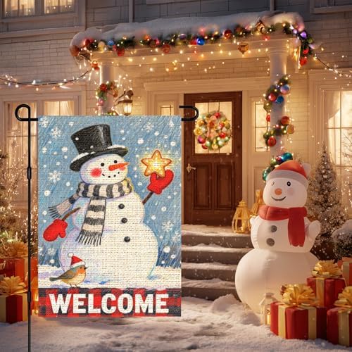 IVN Winter Welcome Snowman Garden Flag Yard Flag for Outside 12 x 18 Inch Double Sided Burlap Blue Hat Star Banner for Patio Lawn Home Outdoor Decoration
