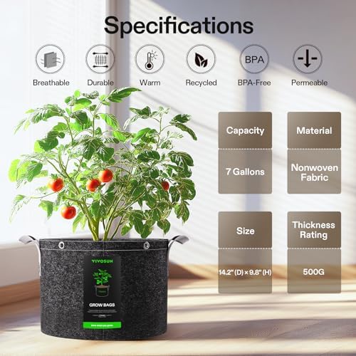 VIVOSUN 10-Pack 7 Gallon Grow Bags, 500G Thick Nonwoven Fabric Pots with Strap Handles, Multi-Purpose Rings, for Low