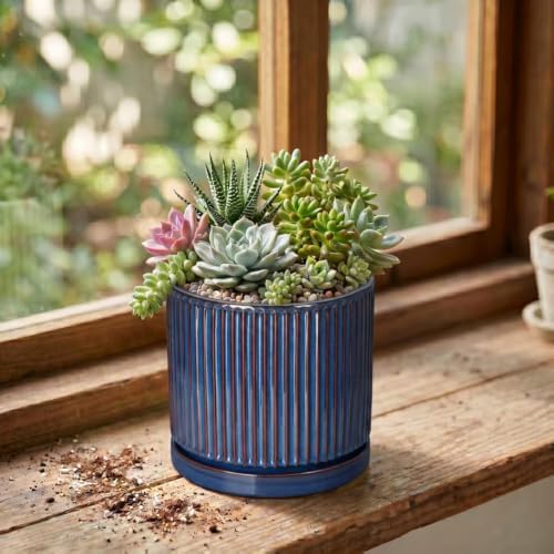 4 Inch Pots for Plants, Ceramic Plant Pots with Saucer, Retro Blue