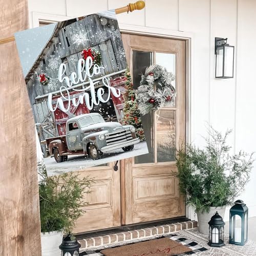 Hello Winter Truck House Flag 28x40 Double Sided, Christmas Winter Large Garden Flags for Outside Xmas Holiday Seasonal Yard Decorations for Home