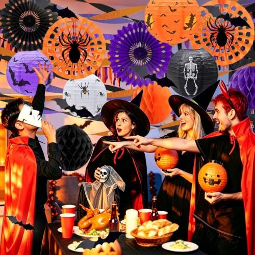 Halloween Party Decorations, Orange Black Purple Crepe Paper Streamers, Hanging Halloween Spider Web Paper Fans Lanterns Honeycomb Balls Party Décor for Home Haunted House Classroom Office Birthday