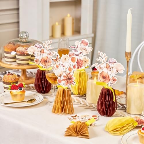 SUNBEAUTY Boho Flower Table Decoration 9Pcs Brown Floral Honeycomb Centerpieces Natural Party Decorations Paper Flower Table Decor for Home Rustic Wedding Baby Shower Neutral Birthday Party Supplies