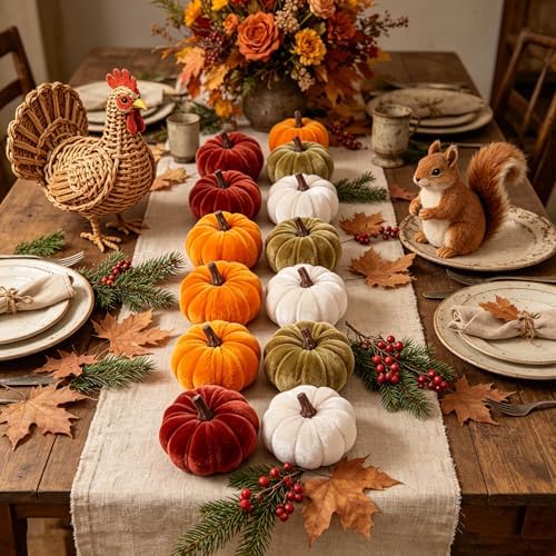 FJAKA 12 Pcs Velvet Pumpkin Mini Decor, Artificial Small Foam Pumpkins Fall Thanksgiving Home Table Indoor Decorations