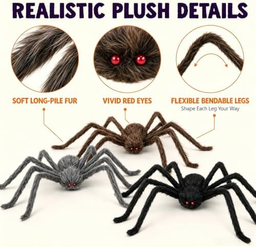 3 Pack 5 Ft Giant Halloween Spiders, Furry Spider Outdoor Decorations