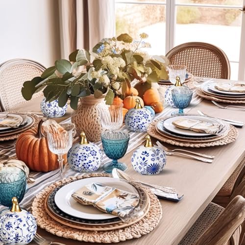 DoubleFill 6 Pcs Blue and White Ceramic Pumpkins Classic Fall Table Decor
