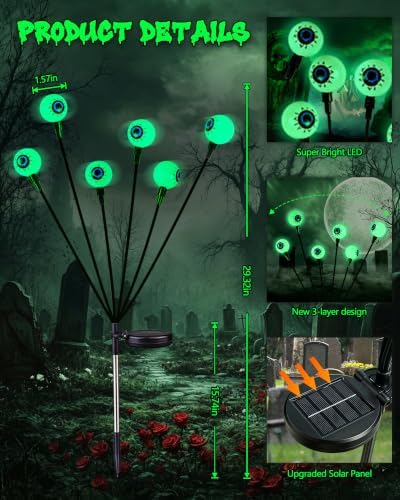 YIQU Solar Halloween Lights Outdoor 4 Pack 24 LED Green Solar Eyeball Light