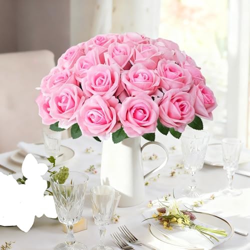 50Pcs Pink Roses Artificial Flowers with Stems，Fake Roses Bouquet Fake Flowers Bulk，Silk Velvet Roses for Wedding Centerpieces Arrangement Baby Shower Birthday Home Decor Gifts