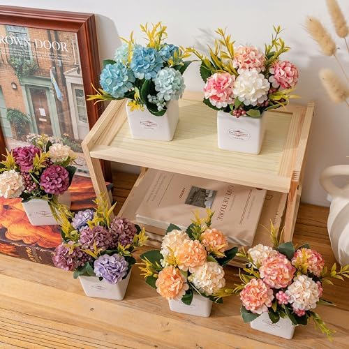 6Pcs Artificial Flowers with Ceramic Pot Small Fake Hydrangea Flowers
