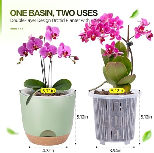 3Packs Self Watering Orchid Pots for Indoor Plants,5.8 Inch Macetas para Orqudeas,Flower Pots for Indoor Plants with Holes(Green)