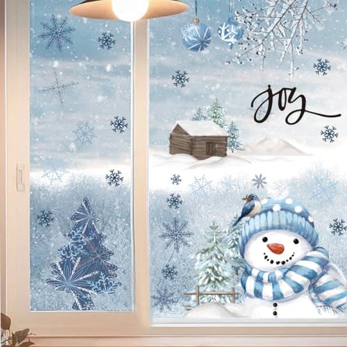 Horaldaily 65 PCS Christmas Window Cling Sticker, Blue Xmas Ball Ornaments Trees Snowman for Home Party Supplies Shop Window Glass Display Decoration