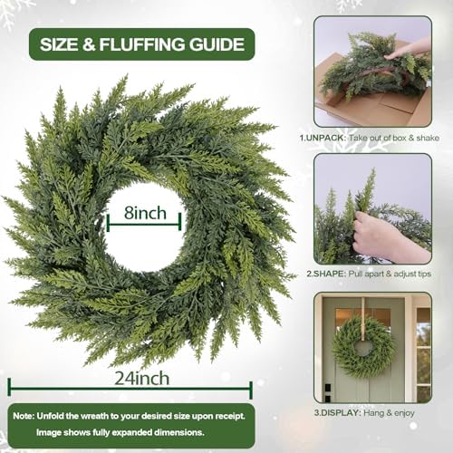 Christmas Cedar Wreath for Front Door Decoration, 24 in, 2 Pack