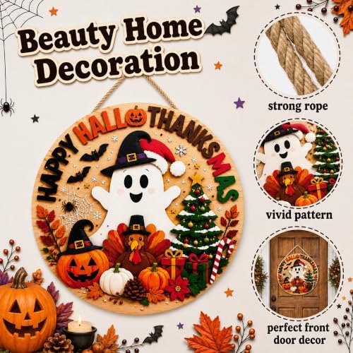 Halloween Decorations - Happy Hallothanksmas Wooden Sign for Front Door