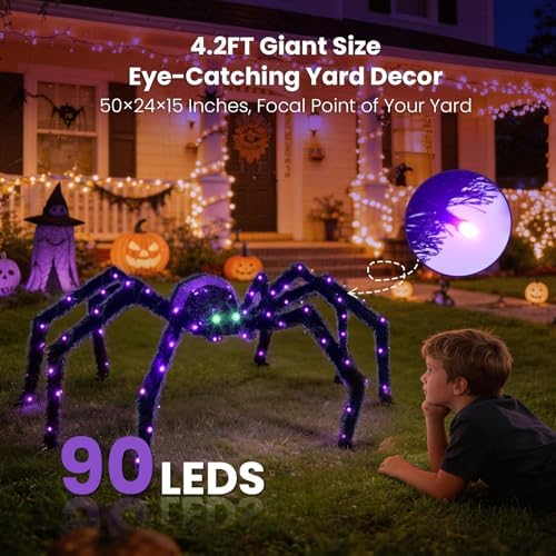 4.2FT Giant Spider Halloween Decorations Outdoor, 90 LEDs