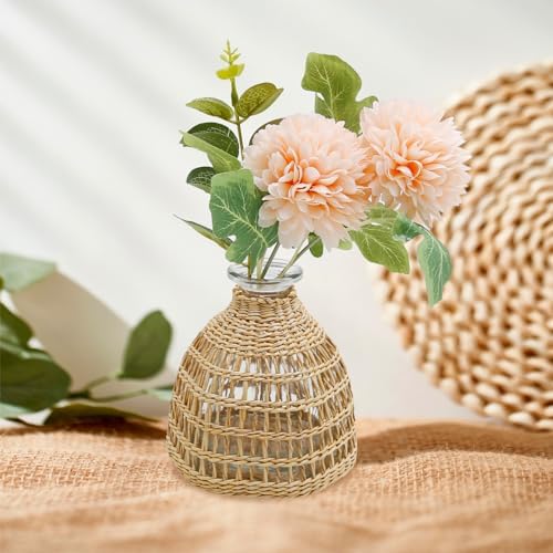 Flower Vases with Rattan Cover, Straw Woven Glass Vase, Rattan Woven Vase Decorative, Glass Flower Vase, Boho Glass Flower Vase, Vase for Home Flower Arrangement Table Decoration, 5.3''X3.5'',D Style
