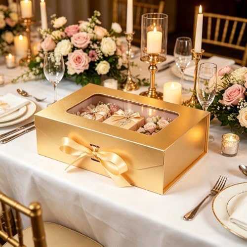 5 Pcs Gold Gift Box for Presents with Ribbon 10.8x7.5x3.5 Inches Clear Gift Box with Window Magnetic Closure Gift Boxes with Lids