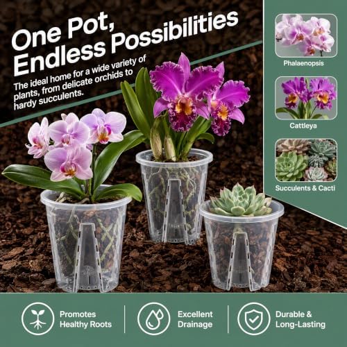 Shape & Use Clear Orchid Pots with Drainage Holes, Transparent Orchid Nursery Pots for Repotting, Slotted PP Plastic Pots for Healthy Root Growth (6.3inch-10pack)