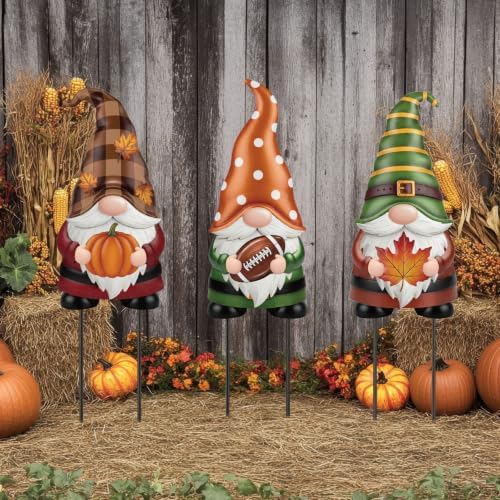 Amyhill 3 Pack Fall Garden Decor - 24'' 25'' 26'' Football Pumpkin Maple Leaf Gnomes Yard Signs with Metal Stakes for Home Outdoor Garden Lawn Porch Autumn Thanksgiving Outside Decorations