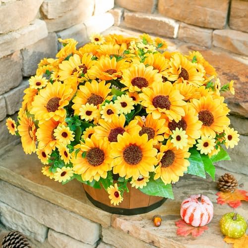 Sunflowers Artificial Flowers, 10 Bunches Fake Sunflower Artificial Flowers for Outdoors Spring Summer Decoration Look Real UV Resistant Fake Flowers for Home Porch Garden Wedding Party Office Indoor