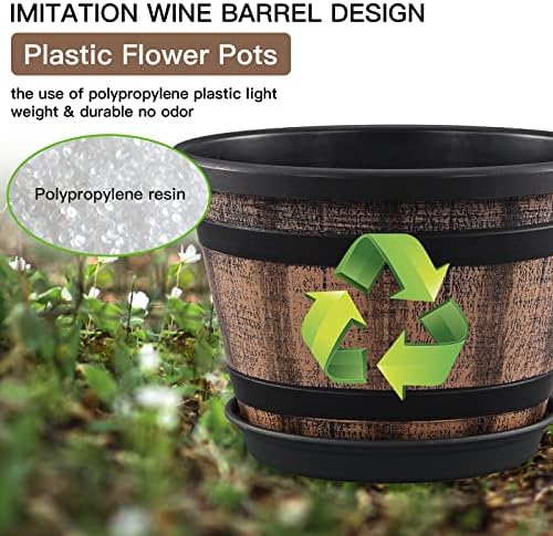 Quarut Plant Pots Set of 4 Pack 12 inch,Large Whiskey Barrel Planters with Drainage Holes & Saucer.Plastic Flower Pots Imitation Wine Barrel Design, for Indoor & Outdoor Garden Home Plants (Brown)