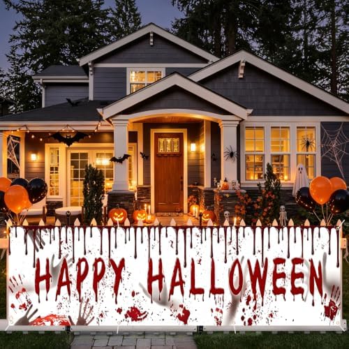 118"x35" Extra Large Happy Halloween Banner Big Spooky Halloween Backdrop for Giant Outdoor Yard Easy Hang with Ropes&Grommets–Perfect for Fence, Porch, Garden, Haunted House Party Signs (Bloody Hand, 118"x35")