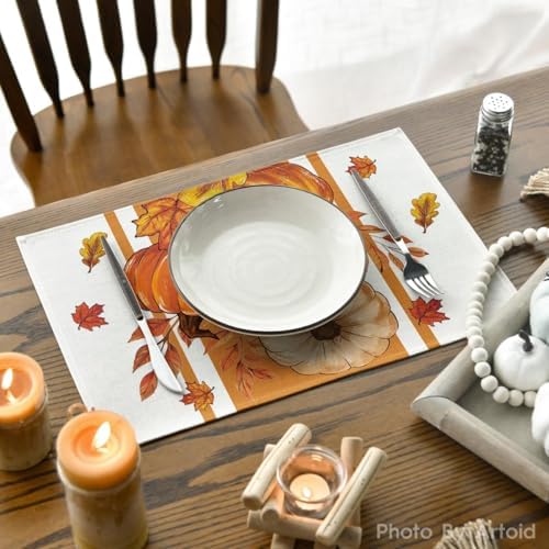 Artoid Mode Pumpkin Leaves Fall Placemats Set of 6, 12x18 Inch Seasonal Thanksgiving Holiday Table Mats for Party Kitchen Dining Decoration