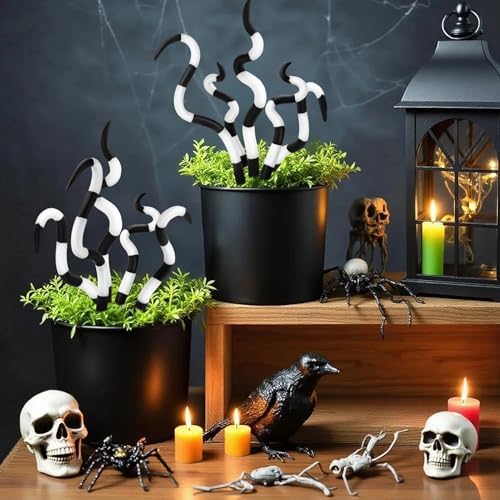16pcs Halloween Sandworm Tentacle Plant Stakes,Black and White Striped