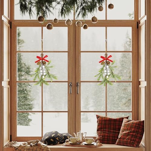 Christmas Mistletoe Decorations Frosted Artificial Mistletoe Ornaments with Bows Berries Pine Cones Snowy Fake Hanging Kissing Plant Stems for Xmas Tree Picks Doorway Holiday Decor (2, White)