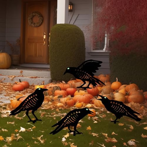 Holloween Decorations Outdoor,4 Pack Metal Black Crow Yard Garden Stakes
