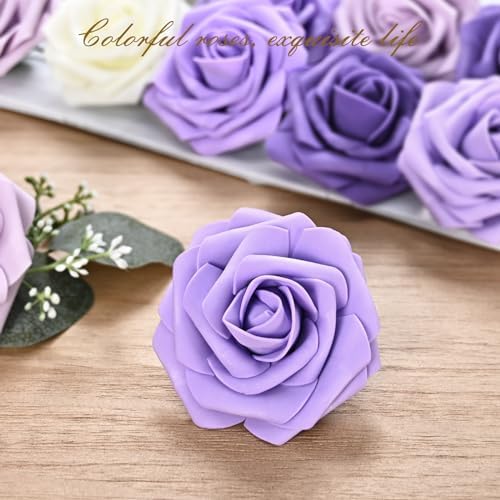 BLEUM CADE 36Pcs Artificial Flowers Fake Foam Roses with Stems for Wedding
