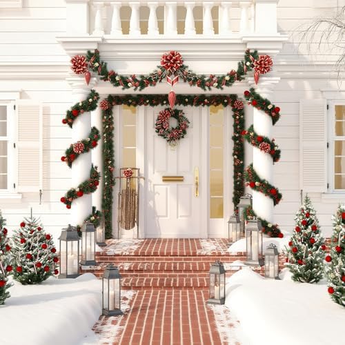 2Pcs 50FT Green Christmas Garland Decorations, Christmas Artificial Pine Greenery Garland Outdoor Indoor Decor, Straight Faux PVC Soft Garland for Stairs Railing Fireplace Window Christmas Decor
