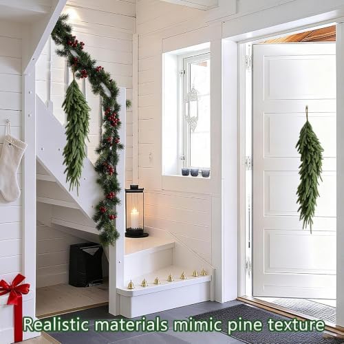 2pcs Artificial Christmas Swag 29.5" Faux Norfolk Pine Needles Cedar Teardrop Hanging Plants Wreath Fake Ivy Leaves Decoration Fern Vine Xmas Holiday Mantle Fireplace Winter Decor