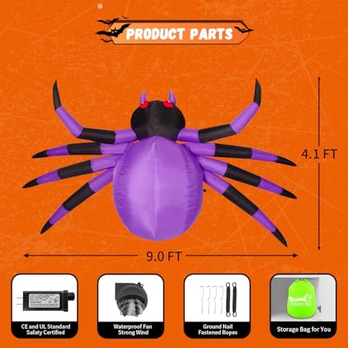 COMIN 9FT Halloween Inflatables Decorations Purple Spider Yard LEDs Decor