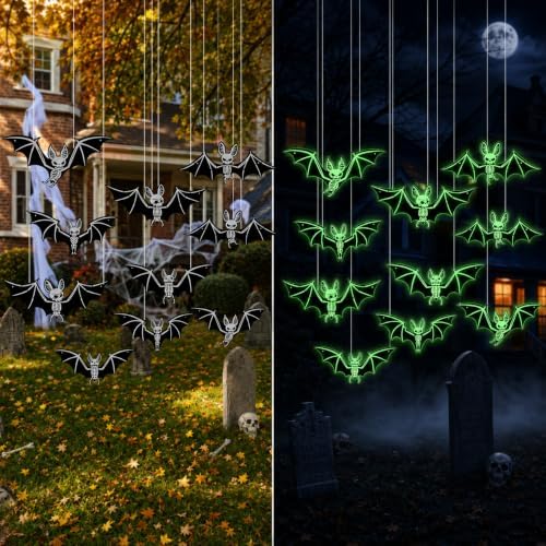 10PCS Glow-in-the-Dark Hanging Bats for Halloween