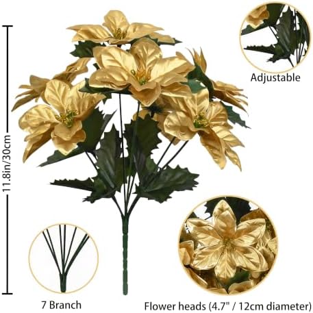 6 Pack Gold Artificial Poinsettia Bushes – 11.8" Faux Christmas Flowers with 7 Heads Each, Luxury Gold Xmas Tree Picks, Holiday Wreath & Table Centerpiece Décor, Indoor Outdoor Festive Decorations