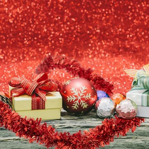 50FT Christmas Tinsel Garland, Red Metallic Twist Foil Tinsel Garland Xmas Hanging Decoration for Christmas Tree Wedding Birthday Home Party Decoration
