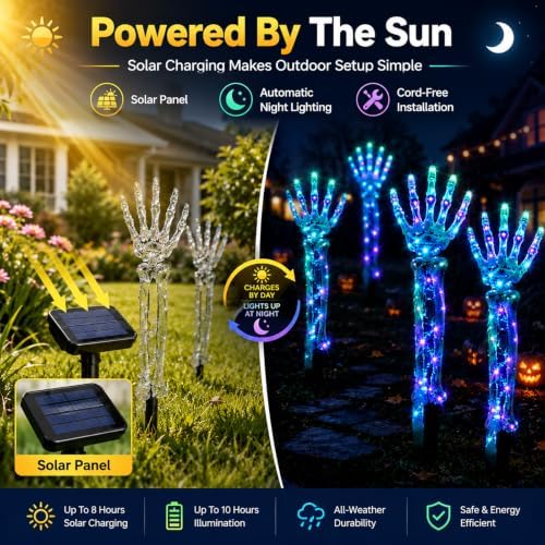 Solar Halloween Decorations Outdoor Light up Chains Skeleton Powered Yard Lights Skull Pathway Ground Breaker Stake Witch Glowing Cauldron for Spooky Haunted Garden Festive Themed Display