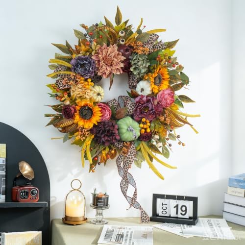 Fall Wreaths for Front Door 24 Inch Autumn Wreath with Pumpkins, Sunflowers