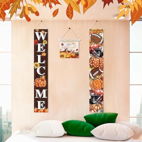 VitalCozy 3pcs Fall Decorations Football and Fall Y'all Yard Sign Thanksgiving Football Welcome Door Cover Banner Autumn Pumpkins Rustic Seasonal Farmhouse Thanksgiving Decoration Home Outdoor Decor