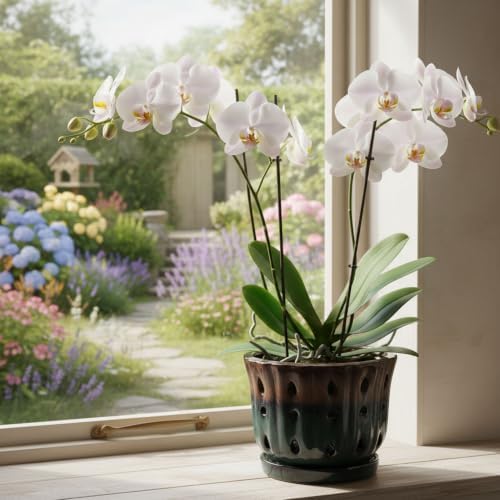 Ceramic Orchid Pot 6'' Orchid Planter (Brown Over Turquoise)