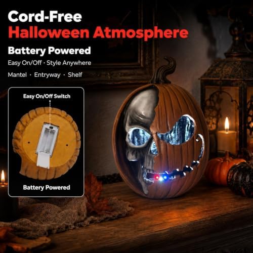 Led Light Up Jack O Lantern, Pumpkin Skull Halloween Decorations for Home