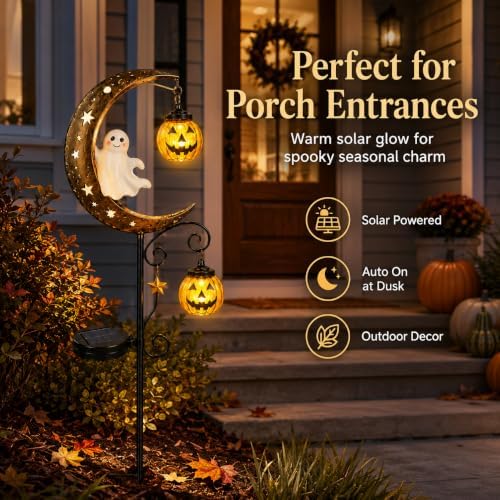 CRILEAL Solar Halloween Ghost & Pumpkin Moon Garden Stake Light