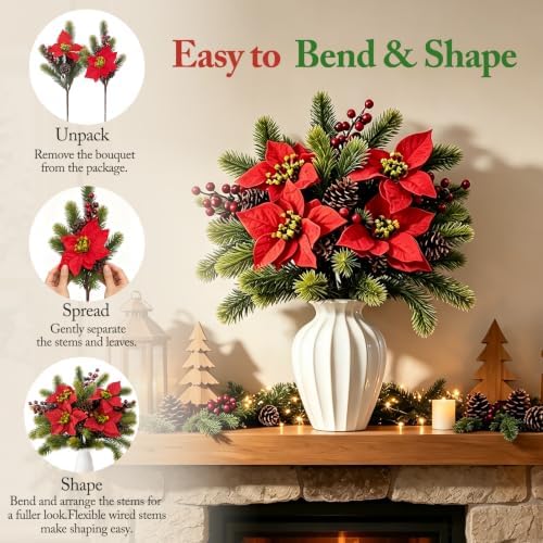 6pcs Christmas Flowers Artificial Poinsettia for Christmas Decor