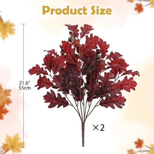 Faux Oak Leaf Branches with Acorns, 2Bundles Fall Stems for Vase, Burgundy